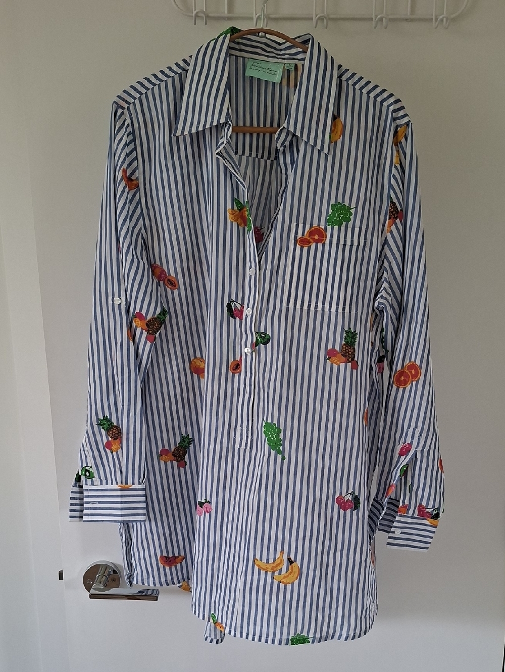 True Destinations Lightweight 100% Cotton Striped Fruit Print Tunic Top (Size M)